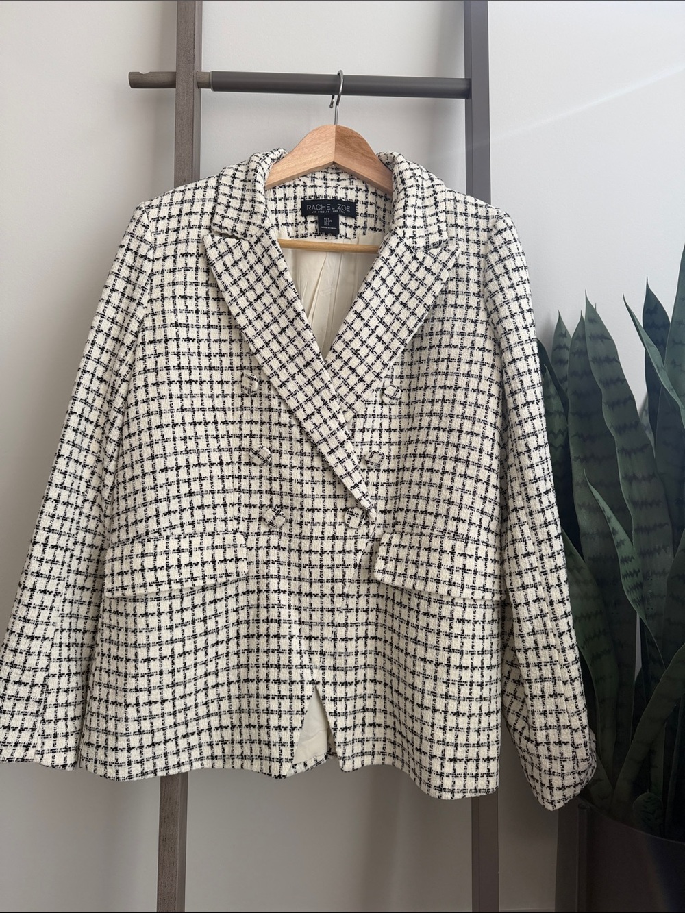 Rachel Zoe Cream & Black Tweed Double-Breasted Jacket